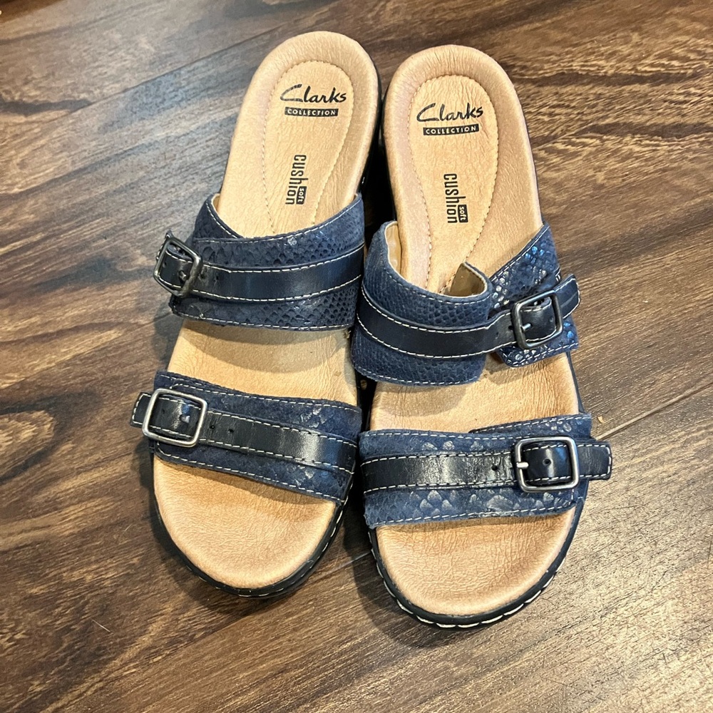 Clarks Blue Sandals with Denim Straps and Cork Footbed
